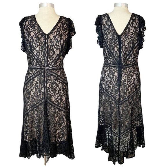 Taylor Black Lace Midi Dress Women's L (12-14) Flutter Sleeves Witchy Fairy Goth - Picture 1 of 11